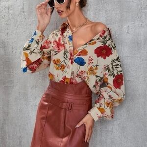 Floral Print Women's Top Button Blouse Long Sleeve Summer Spring XL Plus Large